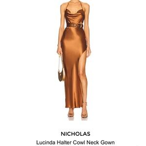 NICHOLAS Lucinda Halter Cowl Neck Gown in Hazelnut
 size0